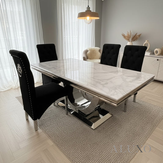 180cm Urban White Marble Dining Table with Chrome U Base & 4/6/8/10 Einar Black Velvet Lion Chairs