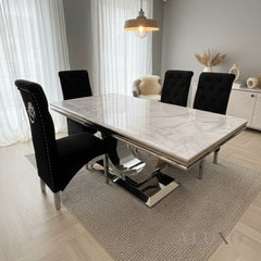 180cm Urban White Marble Dining Table with Chrome U Base & 4/6/8/10 Einar Black Velvet Lion Chairs