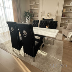 Urban 1.8m White Marble Dining Table with Chrome U Base & 4/6/8/10 Einar Black Velvet Lion Chairs