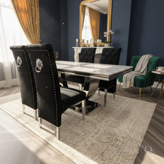 180cm Urban White Marble Dining Table with Chrome U Base & 4/6/8/10 Einar Black Velvet Lion Chairs