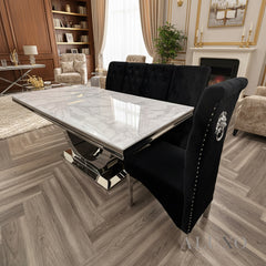 180cm Urban White Marble Dining Table with Chrome U Base & 4/6/8/10 Einar Black Velvet Lion Chairs