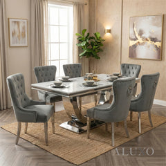 Urban 1.8m White Marble Dining Set – Chrome U Base Table with 4/6/8 Megan Dark Grey Velvet Chairs