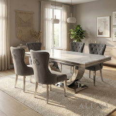 Urban 1.8m White Marble Dining Set – Chrome U Base Table with 4/6/8 Megan Dark Grey Velvet Chairs