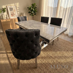 Urban 1.8m White Marble Dining Set – Chrome U-Base Table with 4/6/8 Oskar Dark Grey Velvet Chairs