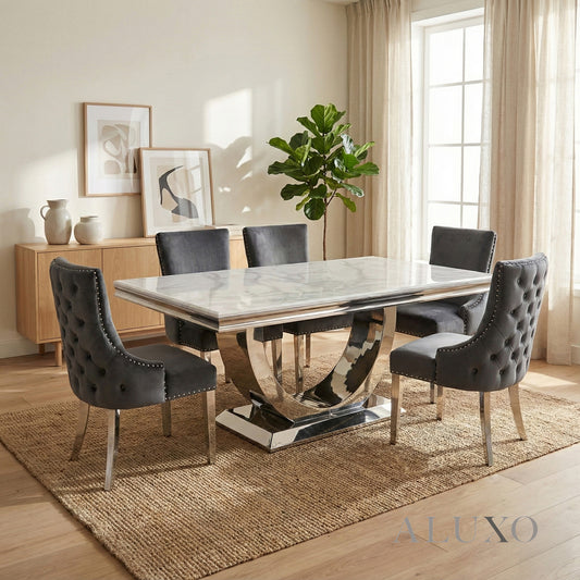 Urban 1.8m White Marble Dining Set – Chrome U-Base Table with 4/6/8 Oskar Dark Grey Velvet Chairs