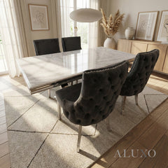 Urban 1.8m White Marble Dining Set – Chrome U-Base Table with 4/6/8 Oskar Dark Grey Velvet Chairs