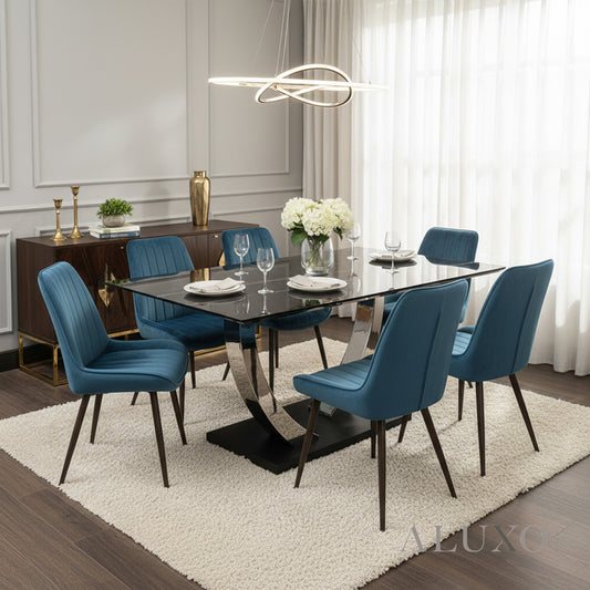 Valdemar 1.6m Black Sintered Stone Dining Set – Chrome Pedestal Base with 4/6 Didrik Blue Velvet Chairs