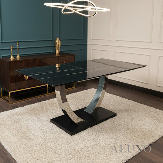 Valdemar 160cm Black Sintered Stone Dining Table with Chrome Pedestal Leg Base