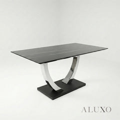 Valdemar 1.6m Black Sintered Stone Dining Set – Chrome Pedestal Base with 4/6 Niklas Leather Chairs