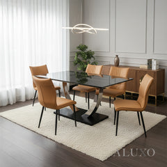 Valdemar 1.6m Black Sintered Stone Dining Set – Chrome Pedestal Base with 4/6 Folke Tan Leather Chairs