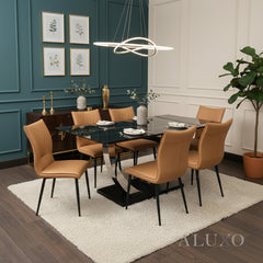 Valdemar 1.6m Black Sintered Stone Dining Set – Chrome Pedestal Base with 4/6 Folke Tan Leather Chairs