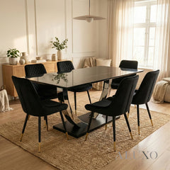 Valdemar 1.6m Black Sintered Stone Dining Set – Chrome Pedestal Base with 4/6 Lyder Velvet Chairs