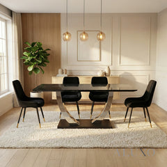 Valdemar 1.6m Black Sintered Stone Dining Set – Chrome Pedestal Base with 4/6 Lyder Velvet Chairs