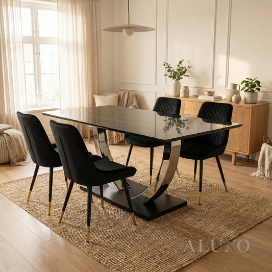 Valdemar 1.6m Black Sintered Stone Dining Set – Chrome Pedestal Base with 4/6 Lyder Velvet Chairs