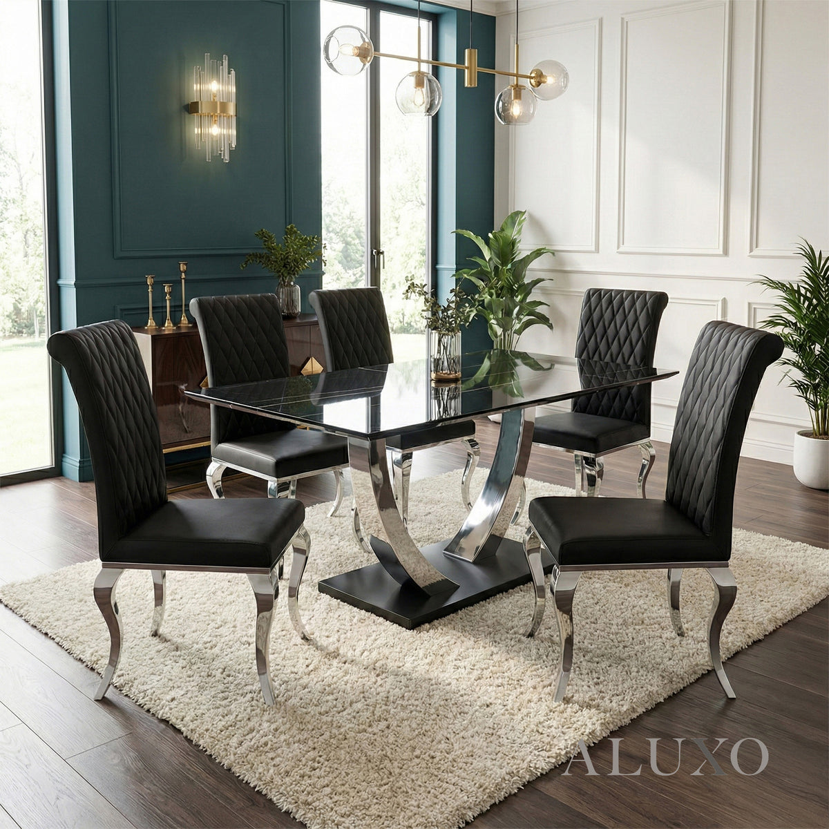 Valdemar 1.6m Black Sintered Stone Dining Set – Chrome Pedestal Base with 4/6 Niklas Leather Chairs