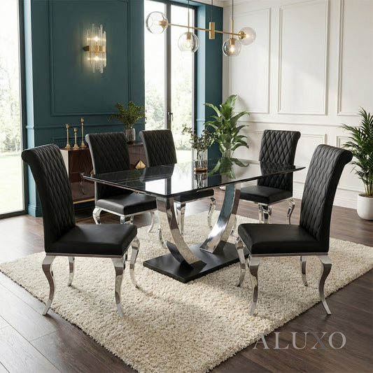 Valdemar 1.6m Black Sintered Stone Dining Set – Chrome Pedestal Base with 4/6 Niklas Leather Chairs
