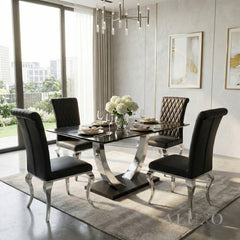 Valdemar 1.6m Black Sintered Stone Dining Set – Chrome Pedestal Base with 4/6 Niklas Leather Chairs