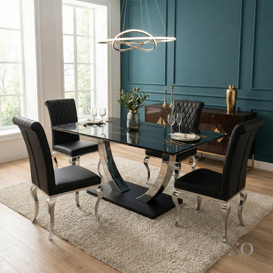 Valdemar 1.6m Black Sintered Stone Dining Set – Chrome Pedestal Base with 4/6 Niklas Leather Chairs