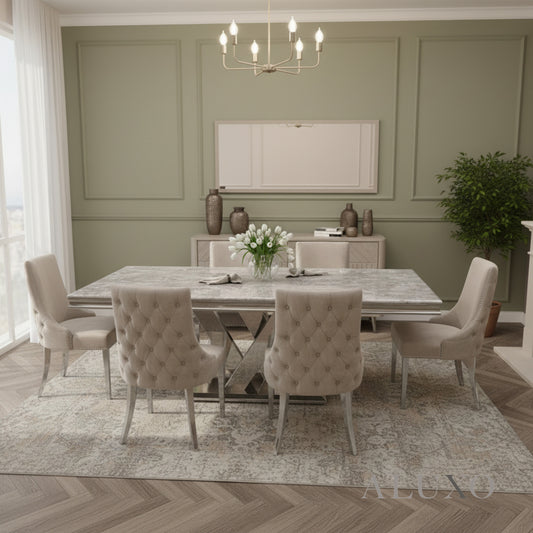 Valeria 1.8m Chrome Dining Set – Light Grey Marble Table with 4/6/8 Oskar Beige Velvet Chairs