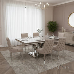 Valeria 1.8m Chrome Dining Set – Light Grey Marble Table with 4/6/8 Oskar Beige Velvet Chairs