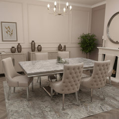 Valeria 1.8m Chrome Dining Set – Light Grey Marble Table with 4/6/8 Oskar Beige Velvet Chairs