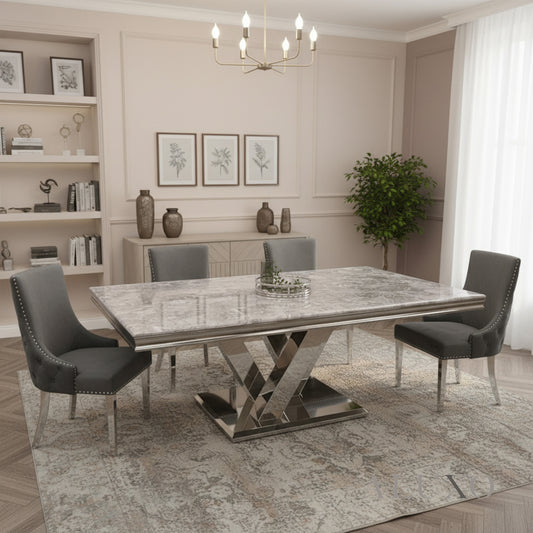 Valeria 1.8m Chrome Dining Set – Light Grey Marble Table with 4/6/8 Oskar Dark Grey Velvet Chairs