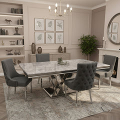 Valeria 1.8m Chrome Dining Set – Light Grey Marble Table with 4/6/8 Oskar Dark Grey Velvet Chairs