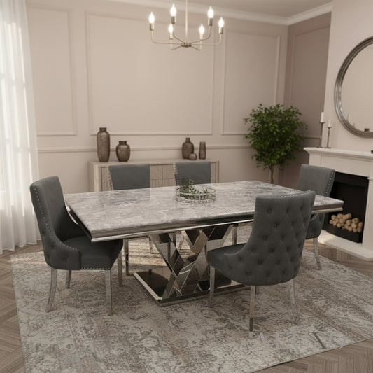 Valeria 1.8m Chrome Dining Set – Light Grey Marble Table with 4/6/8 Oskar Dark Grey Velvet Chairs