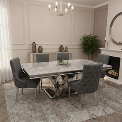 Valeria 1.8m Chrome Dining Set – Light Grey Marble Table with 4/6/8 Oskar Dark Grey Velvet Chairs