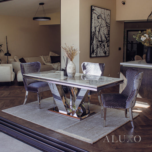 Valeria 1.8m Rectangular Chrome Dining Set – Marble Table with 4/6/8 Soren Velvet Lion Knocker Chairs