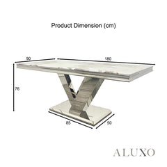 Valeria 1.8m Rectangular Chrome Dining Set – Marble Table with 4/6/8 Soren Velvet Lion Knocker Chairs