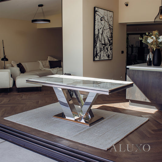 Valeria 180cm Marble Dining Table with Chrome \V Base – 5 Marble Colour Options