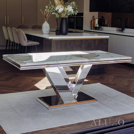 Valeria 180cm Marble Dining Table with Chrome \V Base – 5 Marble Colour Options
