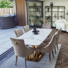 Vittoria 1.8m Slimline Gold Dining Set – White Sintered Stone Table with 4/6/8 Henrik Velvet Chairs