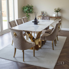 Vittoria 1.8m Slimline Gold Dining Set – White Sintered Stone Table with 4/6/8 Henrik Velvet Chairs