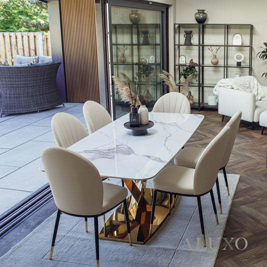 Vittoria 1.8m Slimline Gold Dining Set – White Sintered Stone Table with 4/6/8 Olle Beige Leather Chairs
