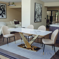 Vittoria 1.8m Slimline Gold Dining Set – White Sintered Stone Table with 4/6/8 Olle Beige Leather Chairs