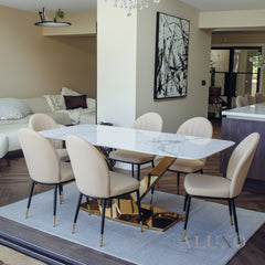 Vittoria 1.8m Slimline Gold Dining Set – White Sintered Stone Table with 4/6/8 Olle Beige Leather Chairs