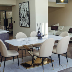 Vittoria 1.8m Slimline Gold Dining Set – White Sintered Stone Table with 4/6/8 Olle Beige Leather Chairs