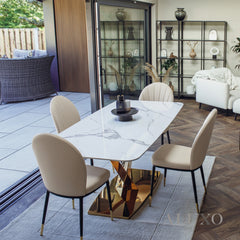 Vittoria 1.8m Slimline Gold Dining Set – White Sintered Stone Table with 4/6/8 Olle Beige Leather Chairs
