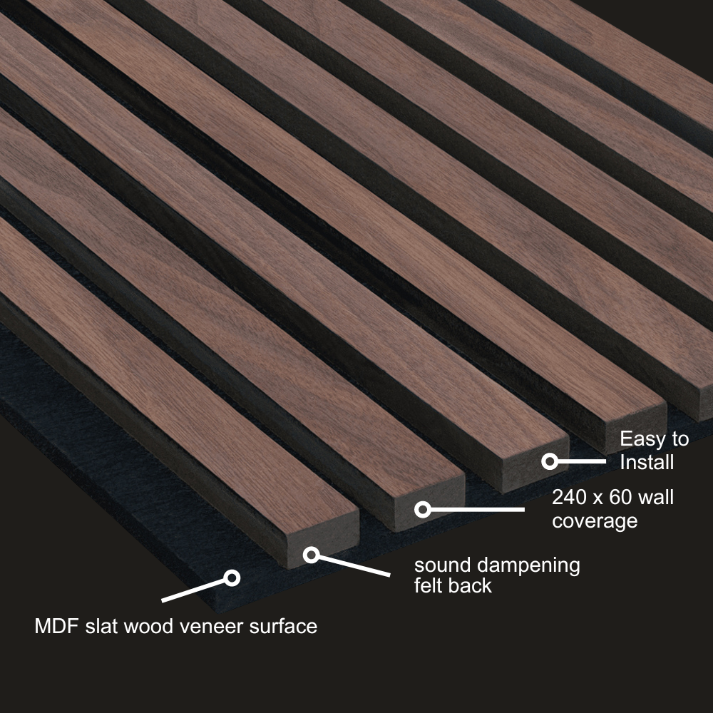 Acoustic Slatted Wall Panels 240 x 60cm - Dark Oak