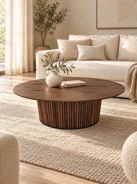 Rowen 130cm Oval Walnut Coffee Table with Ribbed Pedestal Base