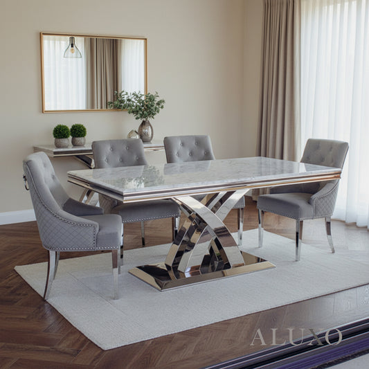 Xena 1.8m Light Grey Marble Chrome Dining Table with 4/6/8 Bentley Grey Velvet Lion Knocker Chairs Set