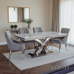 Xena 1.8m Light Grey Marble Chrome Dining Table with 4/6/8 Bentley Grey Velvet Lion Knocker Chairs Set