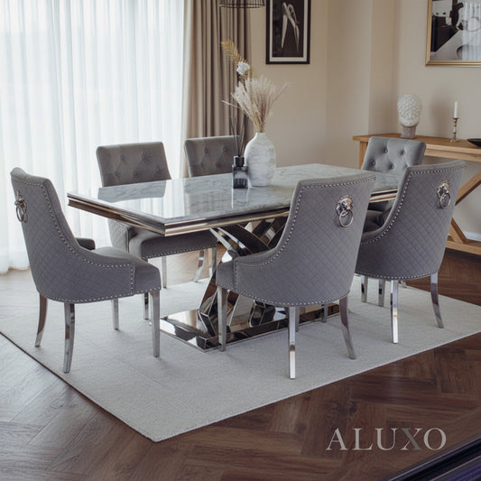 Xena 1.8m Light Grey Marble Chrome Dining Table with 4/6/8 Bentley Grey Velvet Lion Knocker Chairs Set