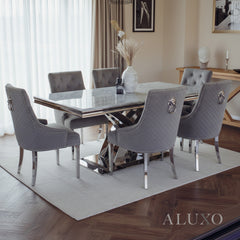 Xena 1.8m Light Grey Marble Chrome Dining Table with 4/6/8 Bentley Grey Velvet Lion Knocker Chairs Set