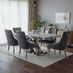 Xena 1.8m Light Grey Marble Chrome Dining Table with 4/6/8 Bentley Grey Velvet Lion Knocker Chairs Set