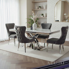 Xena 1.8m Light Grey Marble Chrome Dining Table with 4/6/8 Chelsea Velvet Chairs Set