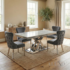 Xena 1.8m Light Grey Marble Chrome Dining Table with 4/6/8 Chelsea Velvet Chairs Set