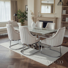 Xena 1.8m Chrome Dining Set – Light Grey Marble Table with 4/6 Olivia Beige Velvet Chairs